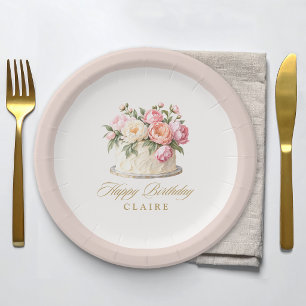 Assiettes En Carton Gâteau Floral Rose Fête d'Anniversaire Élégante