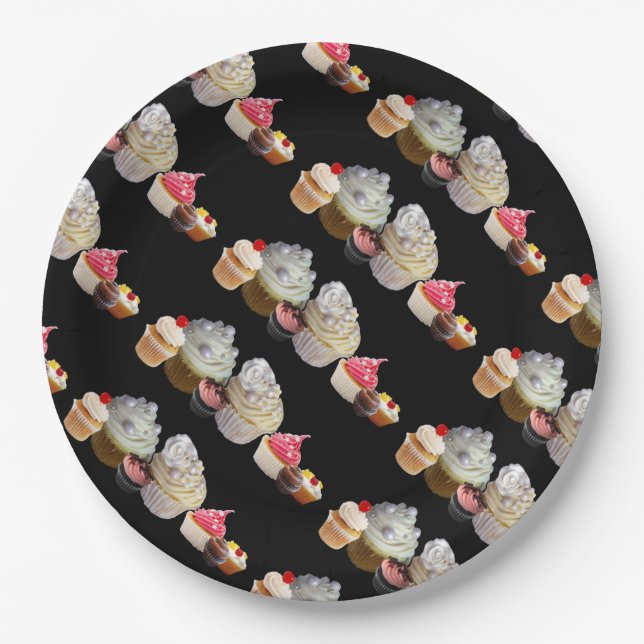 Assiettes En Carton GATEAUX CUPCAKES DÉLICIEUX MAGASIN DU DÉSERT, Rose (Devant)