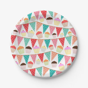 Assiettes En Carton Gâteaux mignons et fête colorée avec guirlandes