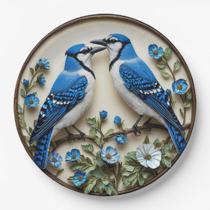 Assiettes En Carton Geais bleus stylisés sur papier botanique décorati