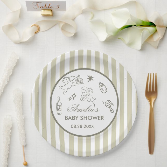 Assiettes En Carton Gender Neutral doodle cupid Baby Shower Green (Mariage)