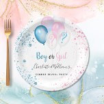 Assiettes En Carton Gender reveal party boy girl blue pink glitter<br><div class="desc">For a gender reveal party. A chic white background. Decorated with glitter and blue,  pink and white balloons and faux blue and pink glitter dust.  Personalize and add the name's of the parents. The names and the text: Boy or Girl are written with a hand lettered style script</div>