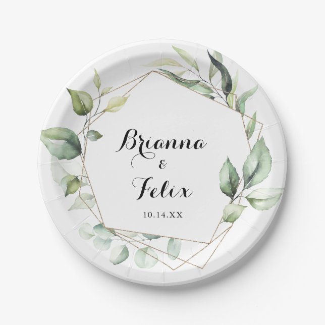 Assiettes En Carton Géométrique Elegant Gold Greenery Mariage Gâteau (Devant)