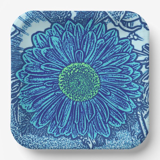 Assiettes En Carton Gerbera Daisy Block Print, Cerulean & Indigo Blue (Recto)