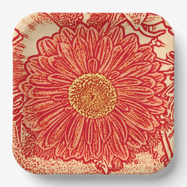 Assiettes En Carton Gerbera Daisy Block Print, Mandarin Orange (Recto)