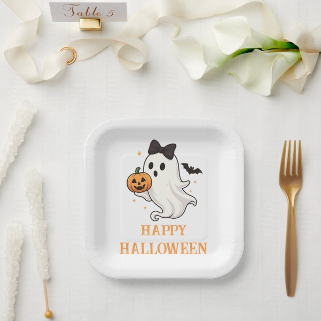 Assiettes En Carton Ghost mignon avec Bow et Citrouille | Halloween (Mariage)