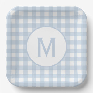 Assiettes En Carton Gingham à motif bleu poudre clair avec monogramme