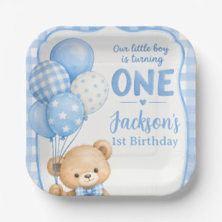 Assiettes En Carton Gingham Bleu Aquarelle Ourson 1er Anniversaire