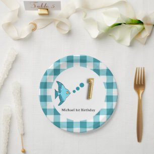 Assiettes En Carton Gingham, Bleu Canard Poisson & Ballon 1er Annivers
