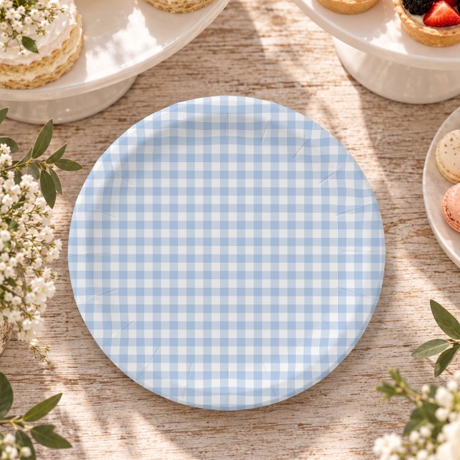Assiettes En Carton Gingham Bleu Clair (Créateur téléchargé)