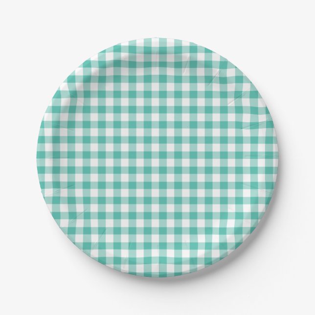 Assiettes En Carton Gingham Classique Vert de Bruyère Bleu (Devant)