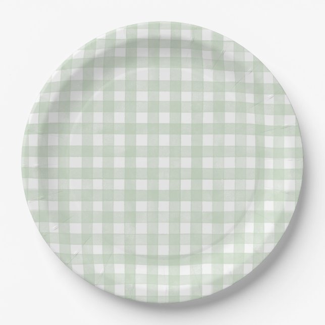 Assiettes En Carton Gingham Classique Vert Sauge (Devant)