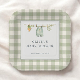 Assiettes En Carton Gingham Local Croissance Vert Sauge Baby Shower
