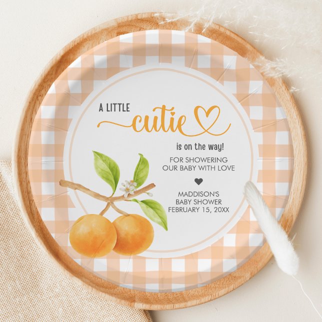 Assiettes En Carton Gingham Orange Baby Shower (Little Cutie Orange Baby Shower Paper Plate)