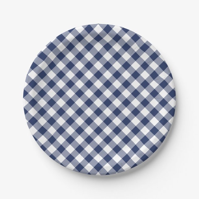 Assiettes En Carton Gingham Rétro Bleu Nuit (Devant)