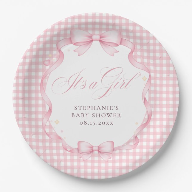 Assiettes En Carton Gingham Rose Coquette Nœud C'est une Fille Baby Sh (Devant)