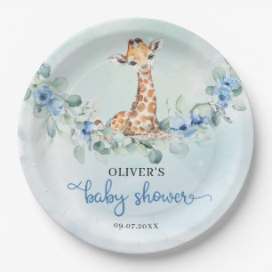 Assiettes En Carton girafe bleu populaire fleurs d'aquarelle safari