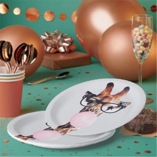 Assiettes En Carton Girafe Portant des lunettes soufflant rose bulle g