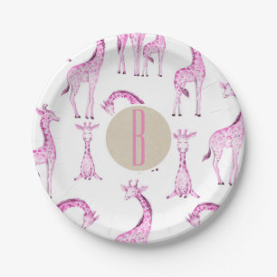 Assiettes En Carton Girafes Roses Baby Shower Monogramme Lettre Initia