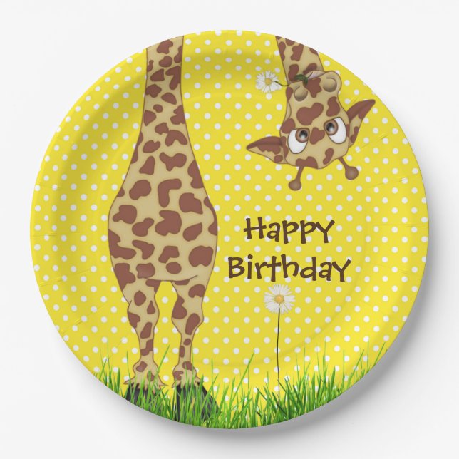 Assiettes En Carton Giraffe D'Anniversaire Sur Pois Avec Marguerite (Devant)