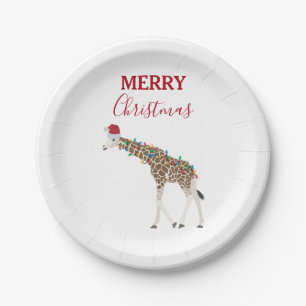 Assiettes En Carton Giraffe de Noël animal drôle avec carte de chapeau