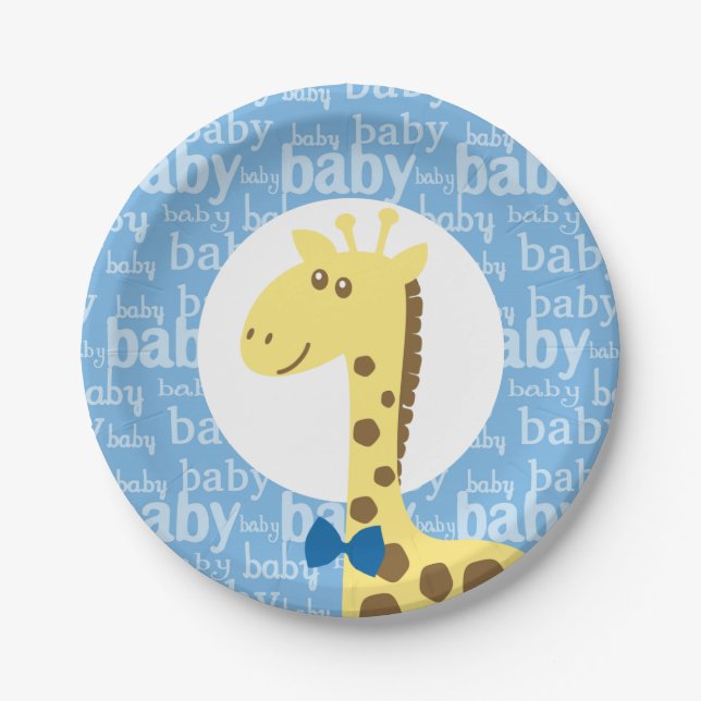 Assiettes En Carton Giraffe en Baby shower bleu Bow pour garçon (Devant)