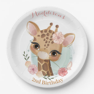 Assiettes En Carton Giraffe fille rose Baby shower d'anniversaire