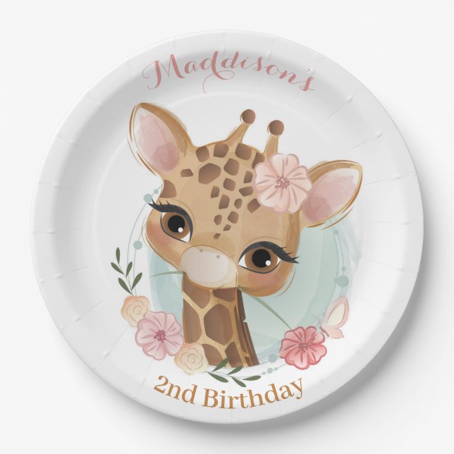 Assiettes En Carton Giraffe fille rose Baby shower d'anniversaire (Devant)