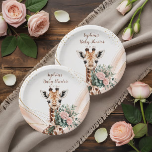 Assiettes En Carton Giraffe Florale Rose Safari Baby shower Plaque pap