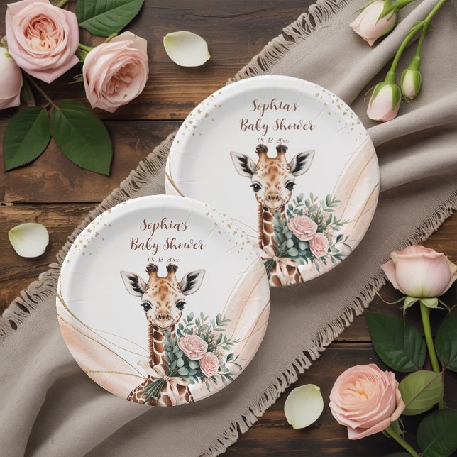 Assiettes En Carton Giraffe Florale Rose Safari Baby shower Plaque pap (Créateur téléchargé)