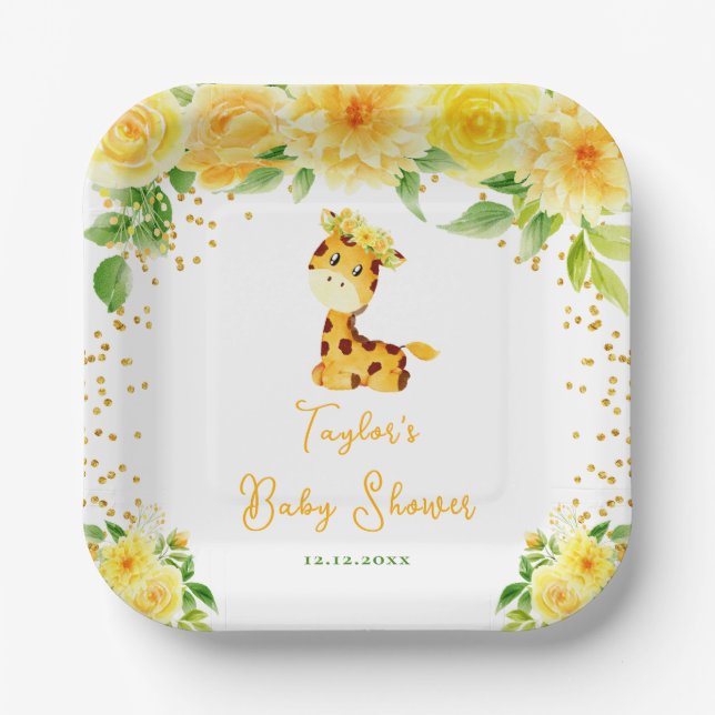 Assiettes En Carton Giraffe Jaune Baby shower Floral (Recto)