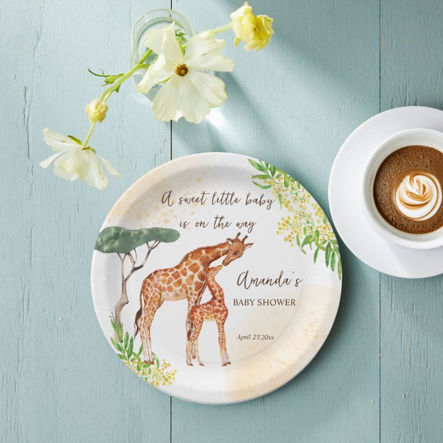 Assiettes En Carton Giraffe maman et bébé baby shower safari africain (Giraffe safari baby shower cute giraffe mom and baby customized name Paper Plates personalized decor)