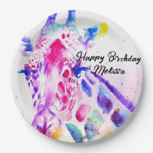 Assiettes En Carton Giraffe Watercolor Girls Purple Anniversaire Fête