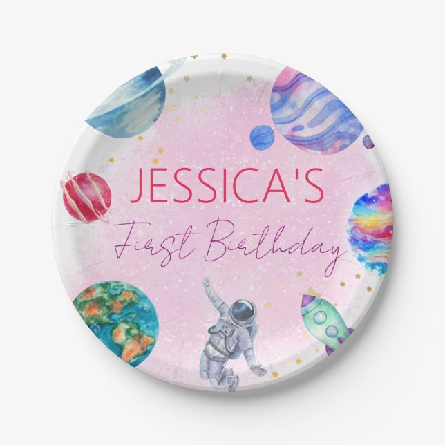 Assiettes En Carton Girl Astronaut Gold Rose Rocket Ship Planet (Devant)