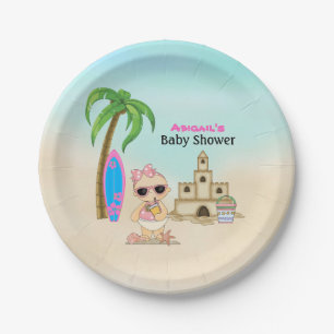 Assiettes En Carton Girl Beach Baby Sandcastle, Baby shower Surfboard
