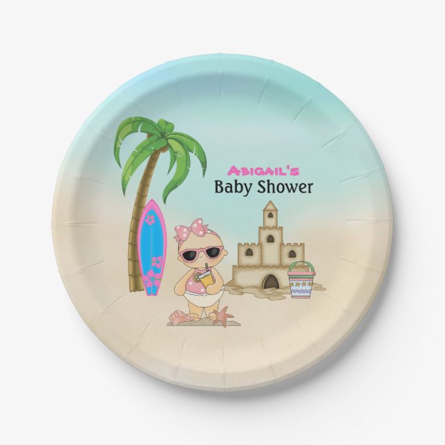 Assiettes En Carton Girl Beach Baby Sandcastle, Baby shower Surfboard (Devant)