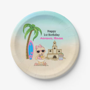 Assiettes En Carton Girl Beach Baby Sandcastle, Surfboard 1er annivers