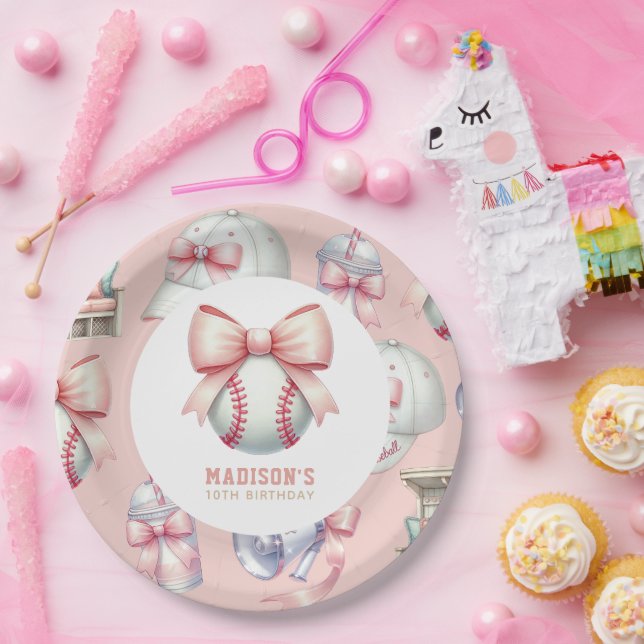Assiettes En Carton Girl Birthday Personalized Pink Baseball Bow (Fête)