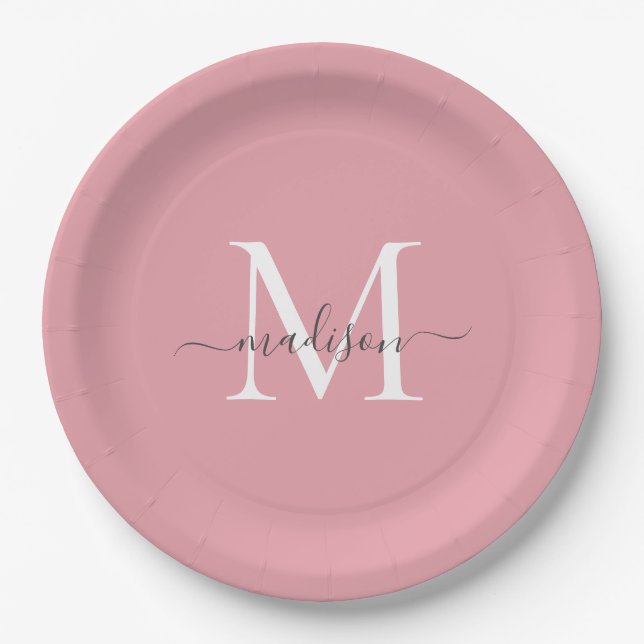 Assiettes En Carton Girl Blush rose Gris Monogramme Élégant Nom du scr (Devant)
