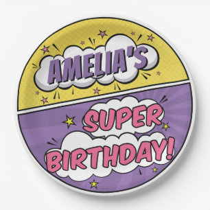 Assiettes En Carton Girl Comic Style de livre Superhero Joyeux anniver