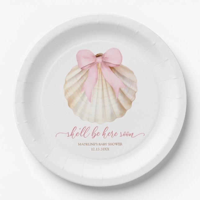 Assiettes En Carton Girl Pink Bow Shell Baby Shower Paper Plate (Devant)