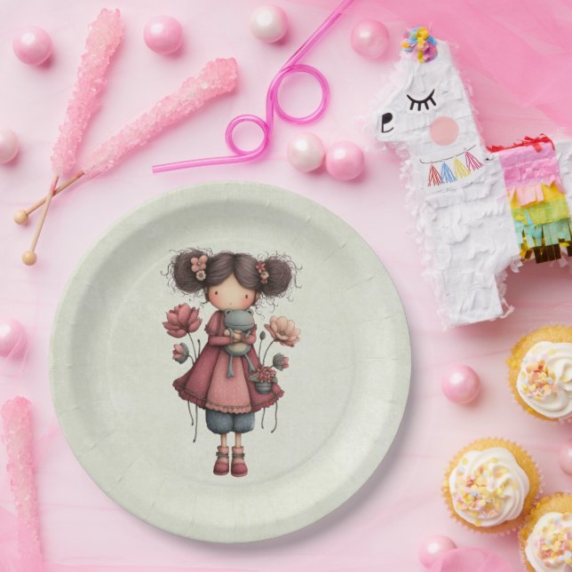 Assiettes En Carton Girl with A Frog Doll Cute Whimsical (Fête)
