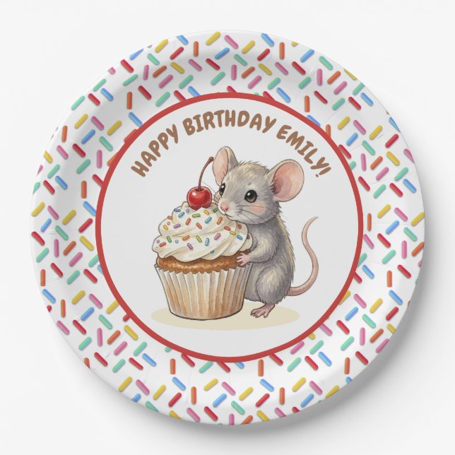 Assiettes En Carton Girl's Birthday Party | Mouse & Cupcake   (Devant)