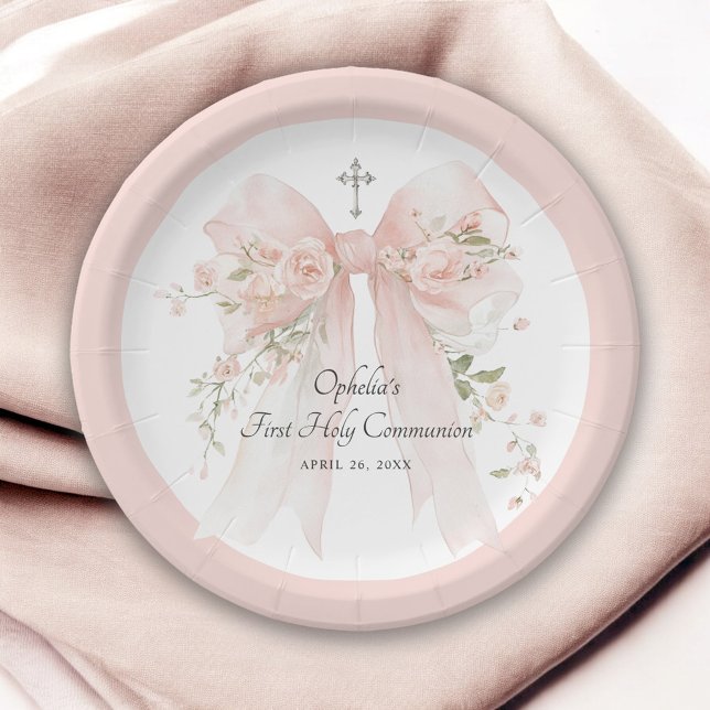 Assiettes En Carton Girl's First Communion Pink Bow Floral (Créateur téléchargé)