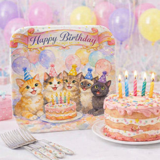 Assiettes En Carton Girls Party Happy Birthday Cute Cats Paper Plate