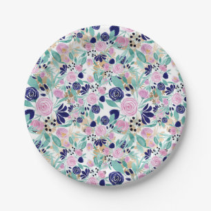 Assiettes En Carton Girly Pink Navy Blue Gold Watercolor