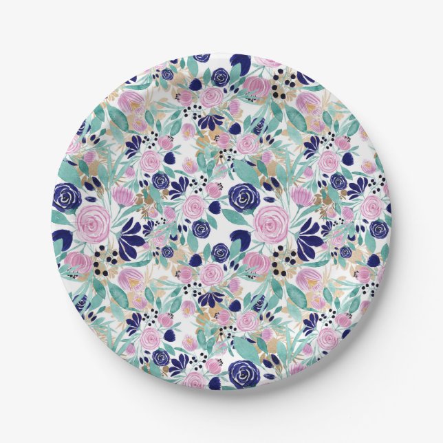 Assiettes En Carton Girly Pink Navy Blue Gold Watercolor (Devant)