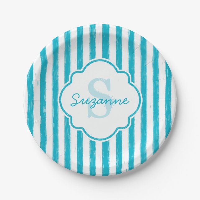 Assiettes En Carton Girly Turquoise Peint Stripes Monogramme et nom (Devant)