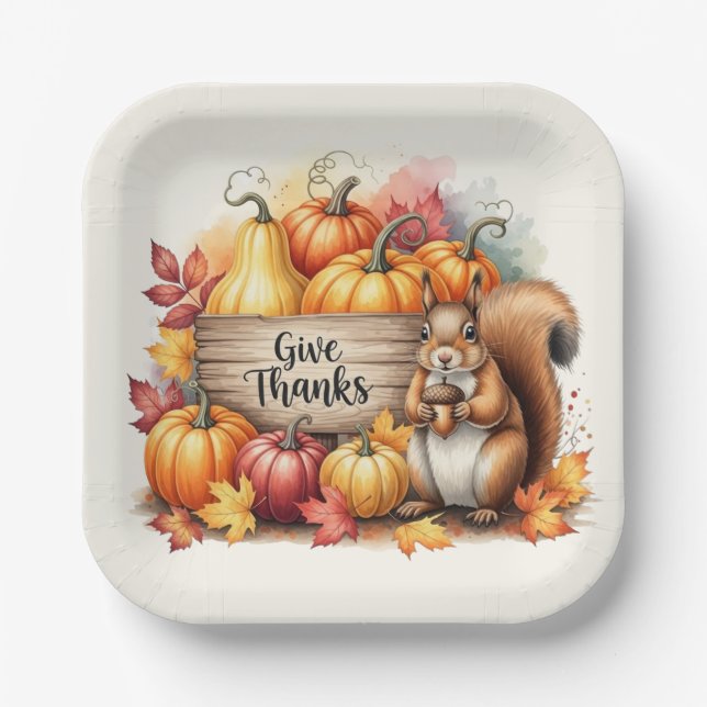 Assiettes En Carton Give Thanks – Whimsical Squirrel & Pumpkin Harvest (Recto)