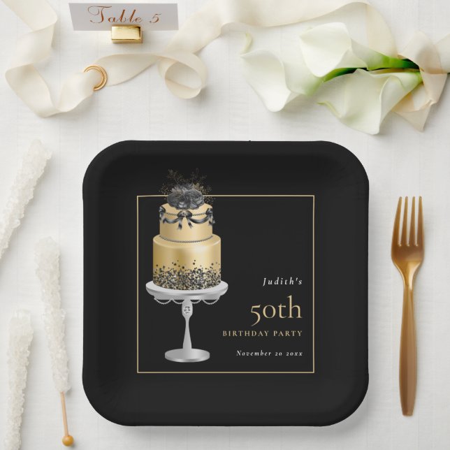 Assiettes En Carton Glam Cake Florals Gold 50e anniversaire Noir (Mariage)